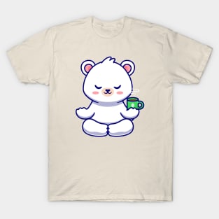 Cute Baby Polar Bear Meditation With Coffee Cup Cartoon T-Shirt